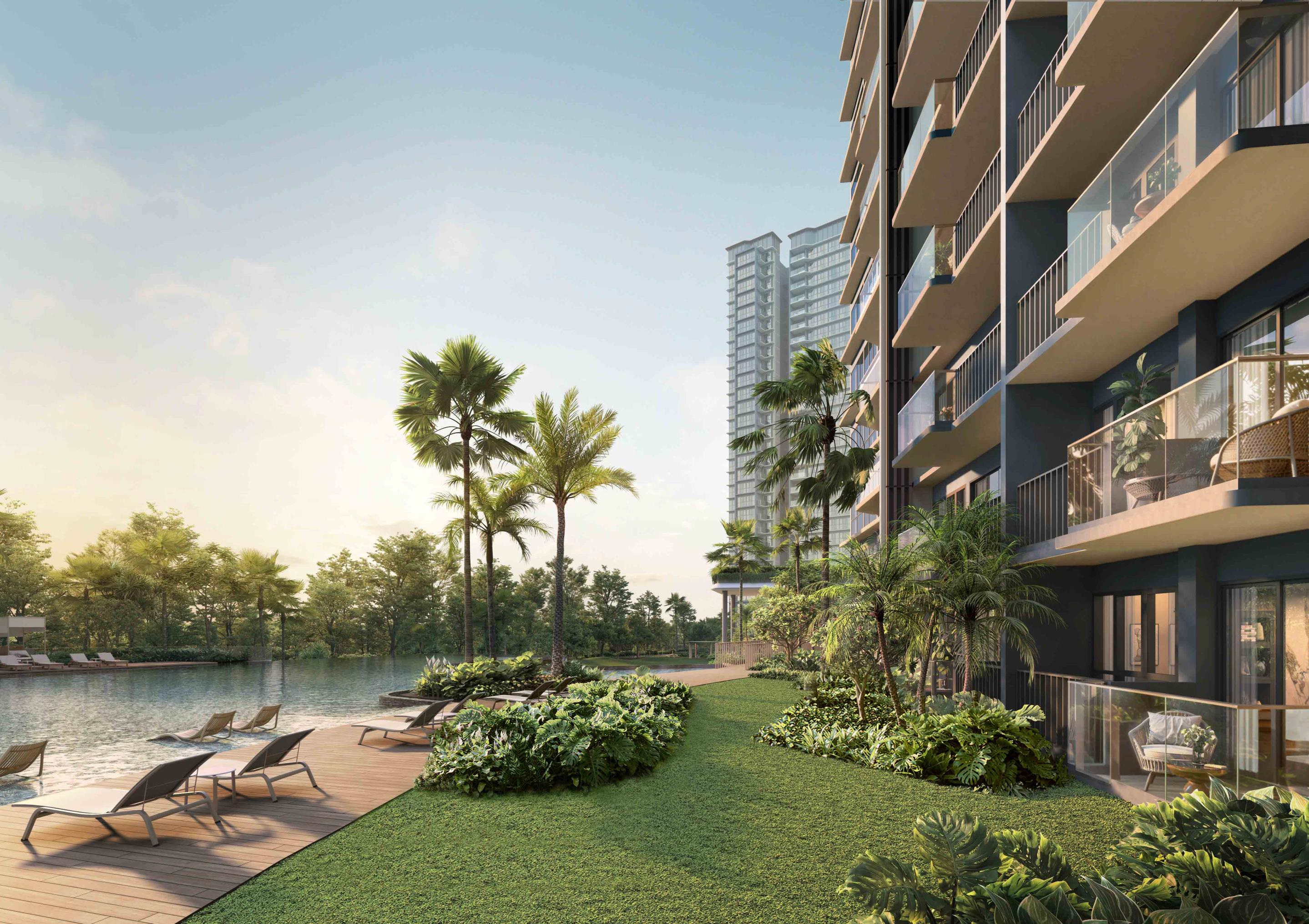 Residential architecture beside a landscaped pool